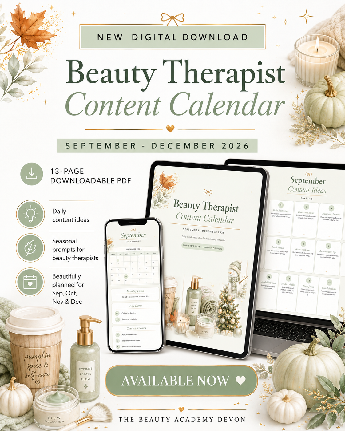 Beauty Therapist Content Calendar | September–December 2026 | Digital Download